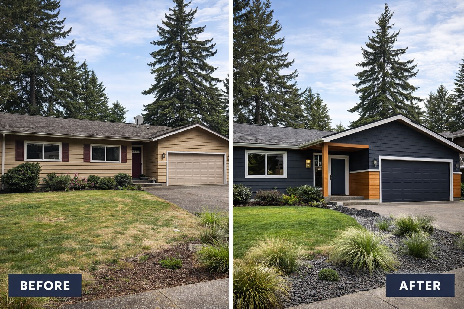 Before and after siding replacement: dated beige ranch house on the left, transformed to a modern dark charcoal and navy exterior with wood accent trim on the right