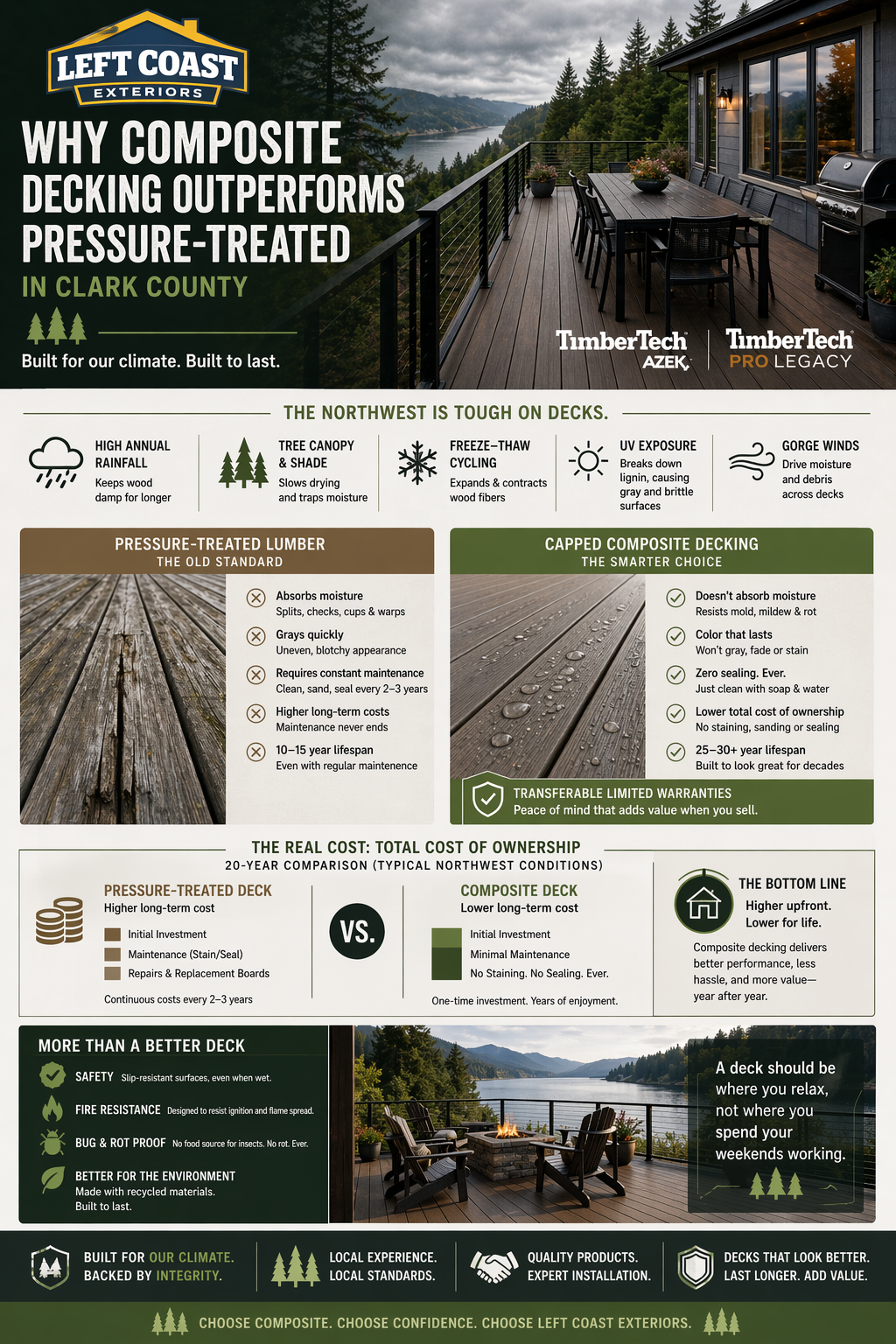 What a deck build or replacement delivers — outdoor living space, durability, and home value infographic