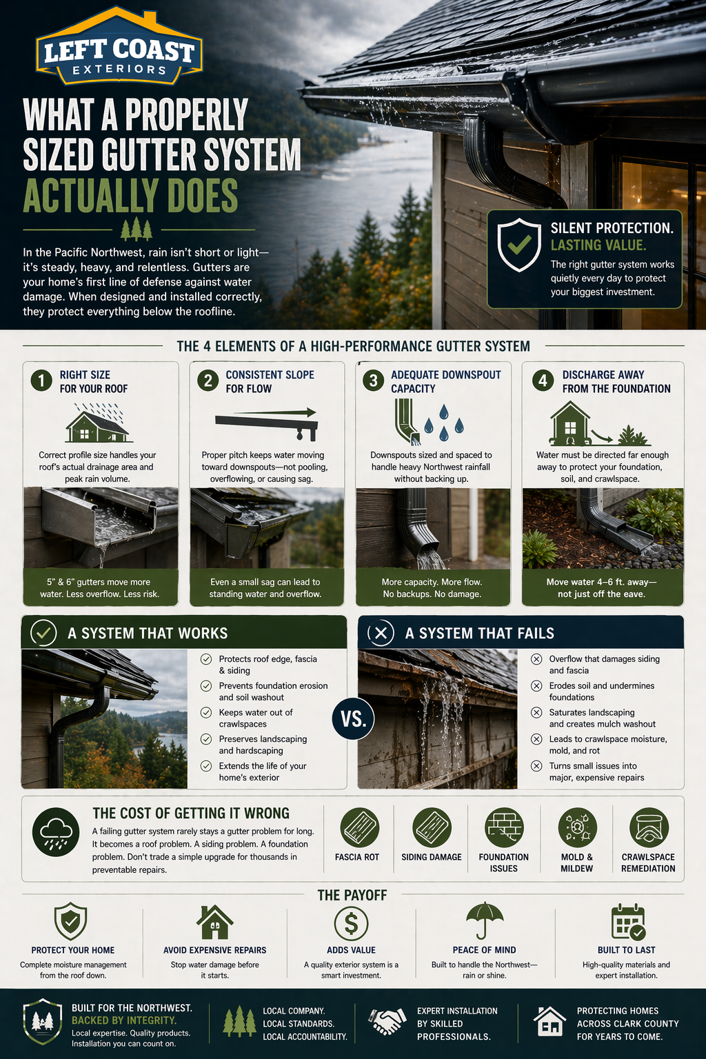 How a properly sized gutter system works: profile sizing, pitch, downspout capacity, and termination — Left Coast Exteriors