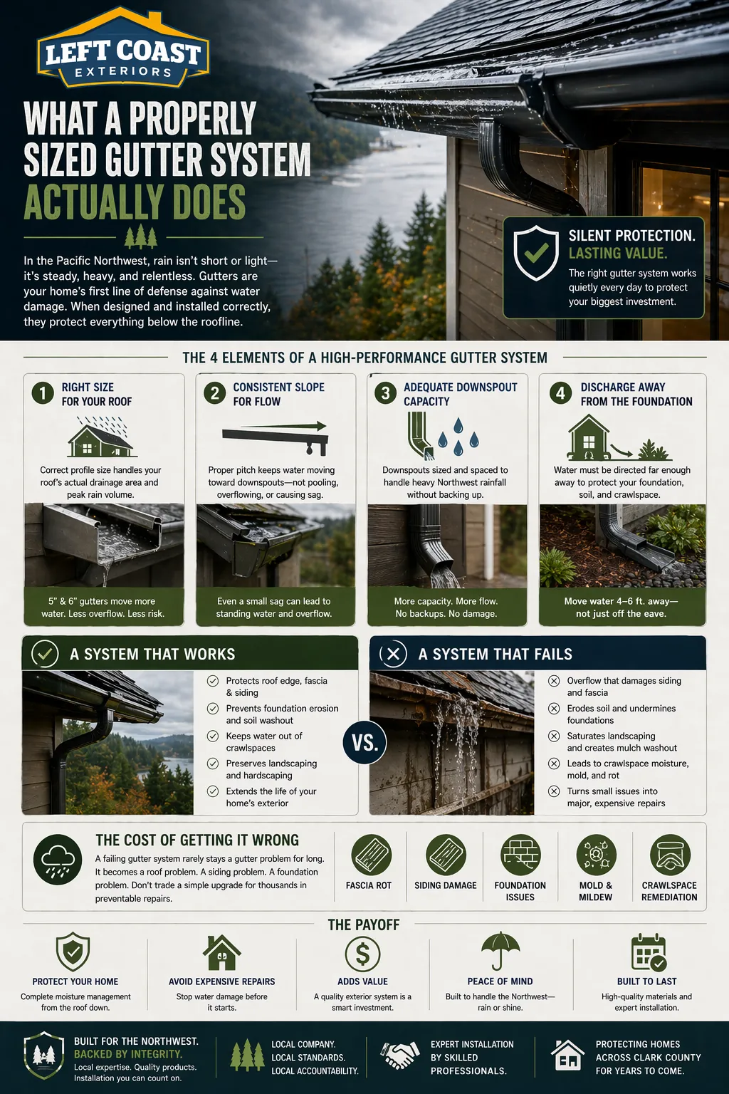 How a properly sized gutter system works: profile sizing, pitch, downspout capacity, and termination — Left Coast Exteriors