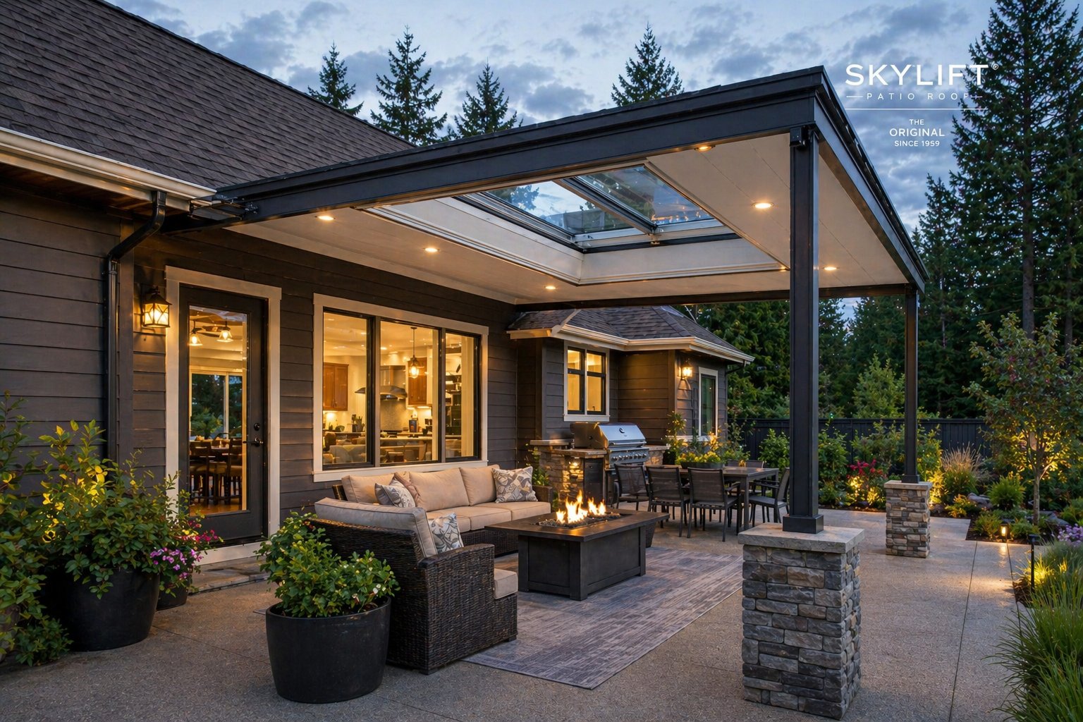 Skylift patio cover installation by Left Coast Exteriors — Southwest Washington outdoor living